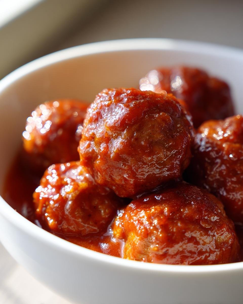 A close-up of several glossy Crockpot Hawaiian Meatballs coated in a rich, thick red sauce, served in a white bowl.