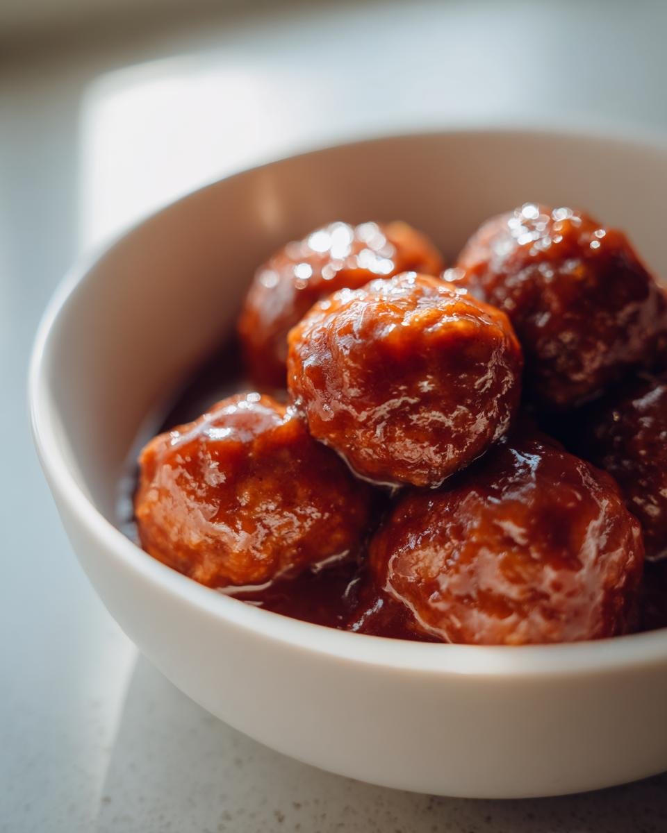 Close-up of shiny, saucy Crockpot Hawaiian Meatballs served in a small white bowl.