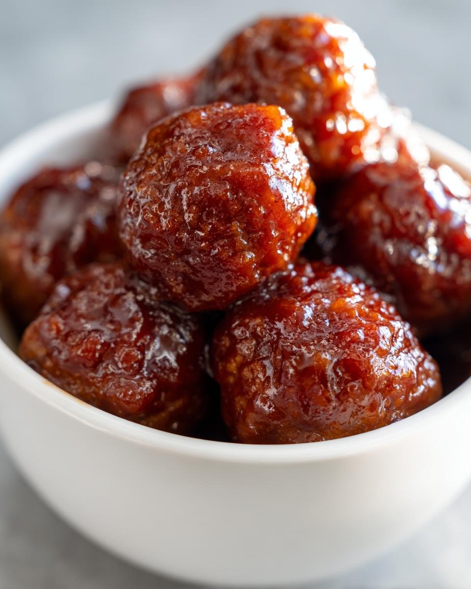 A close-up shot of several glossy, glazed Crockpot Hawaiian Meatballs piled high in a small white bowl.