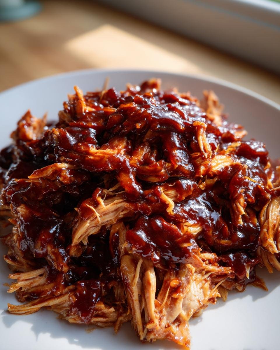 Close-up of shredded meat generously coated in dark, glossy BBQ sauce, representing Crockpot Pineapple Bbq Chicken.