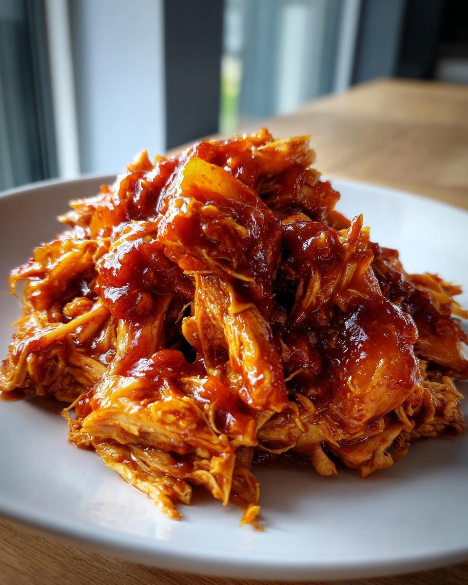 Close-up of shredded Crockpot Pineapple Bbq Chicken piled high on a white plate, glistening with sauce.