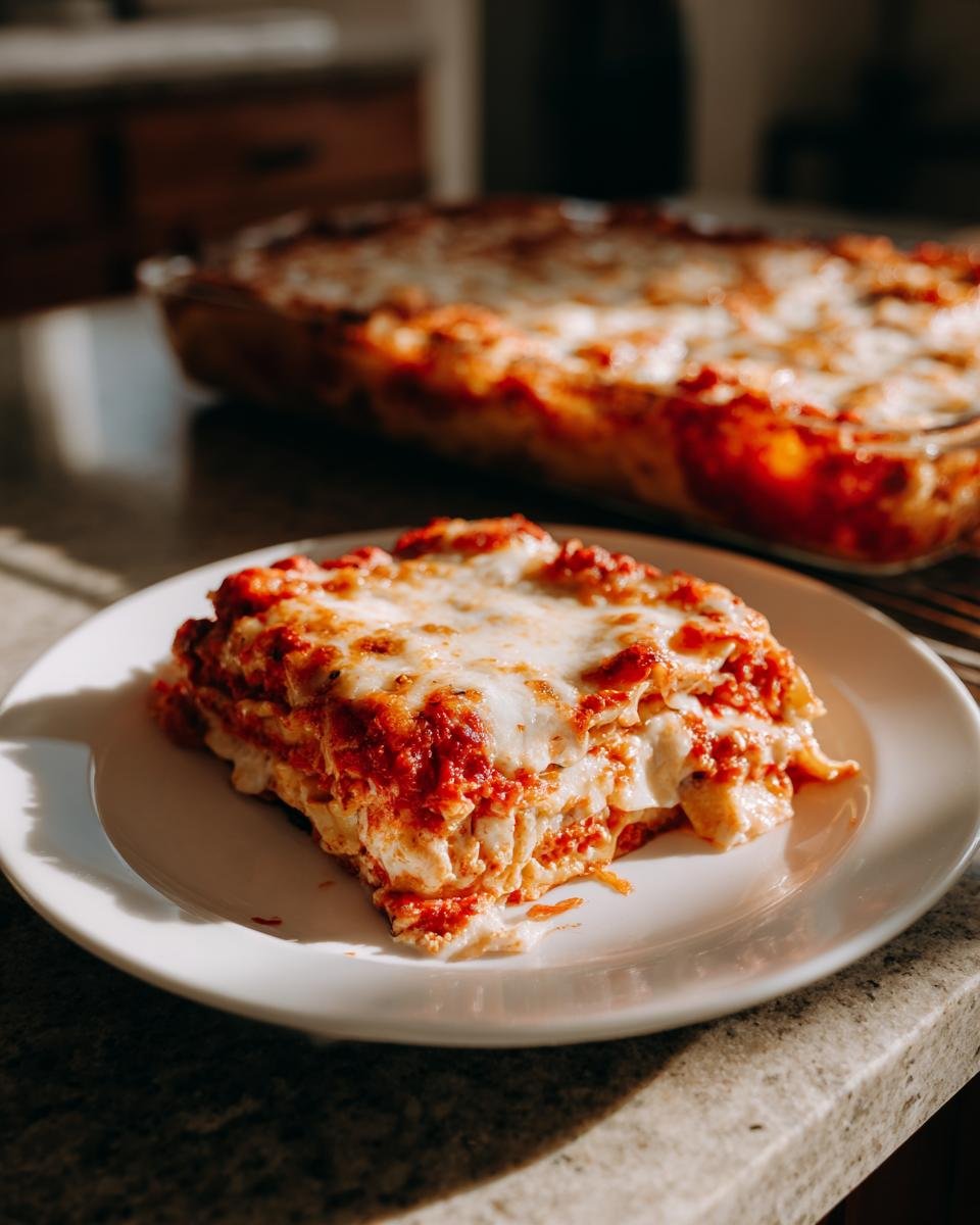A square slice of cheesy Crockpot Ravioli Lasagna Casserole served on a white plate.