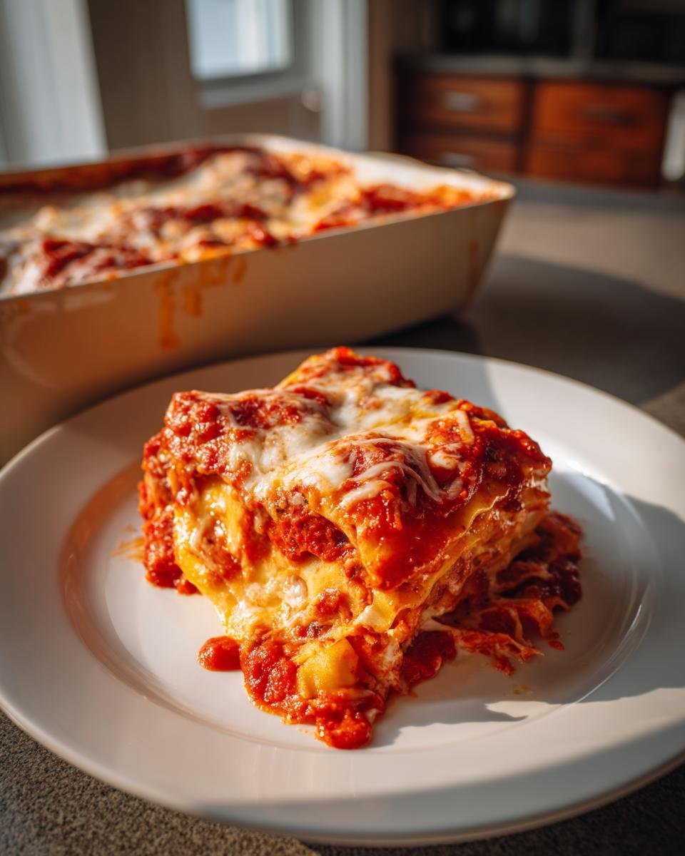 A generous slice of gooey Crockpot Ravioli Lasagna Casserole covered in melted cheese and rich tomato sauce.