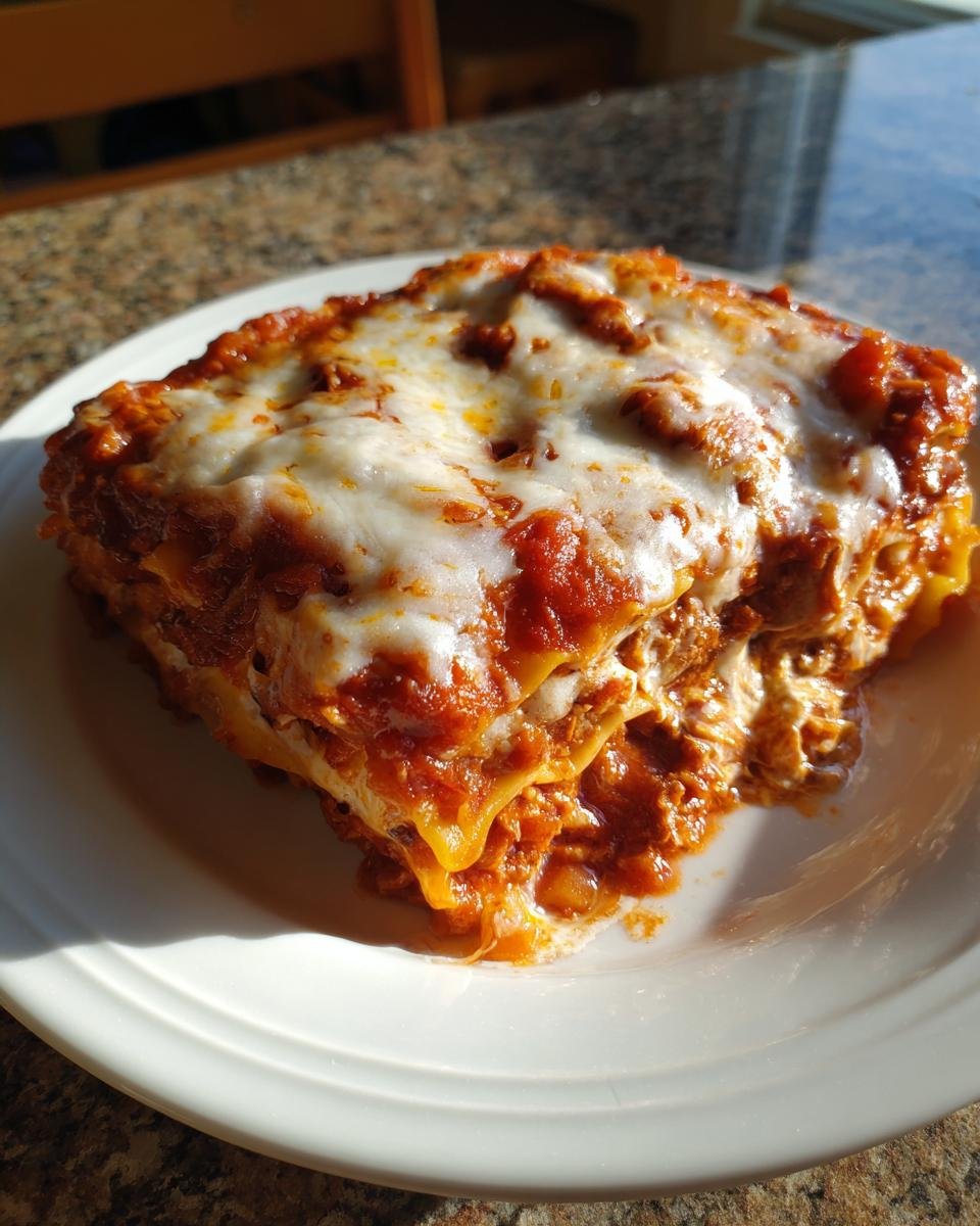 A hearty slice of Crockpot Ravioli Lasagna Casserole topped with melted mozzarella cheese and rich tomato sauce.