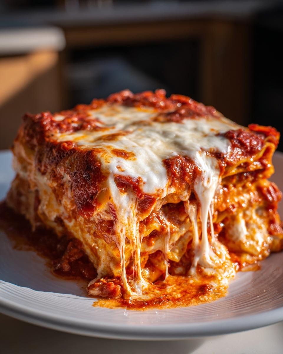 A thick, layered slice of Crockpot Ravioli Lasagna Casserole with melted cheese stretching down the sides.