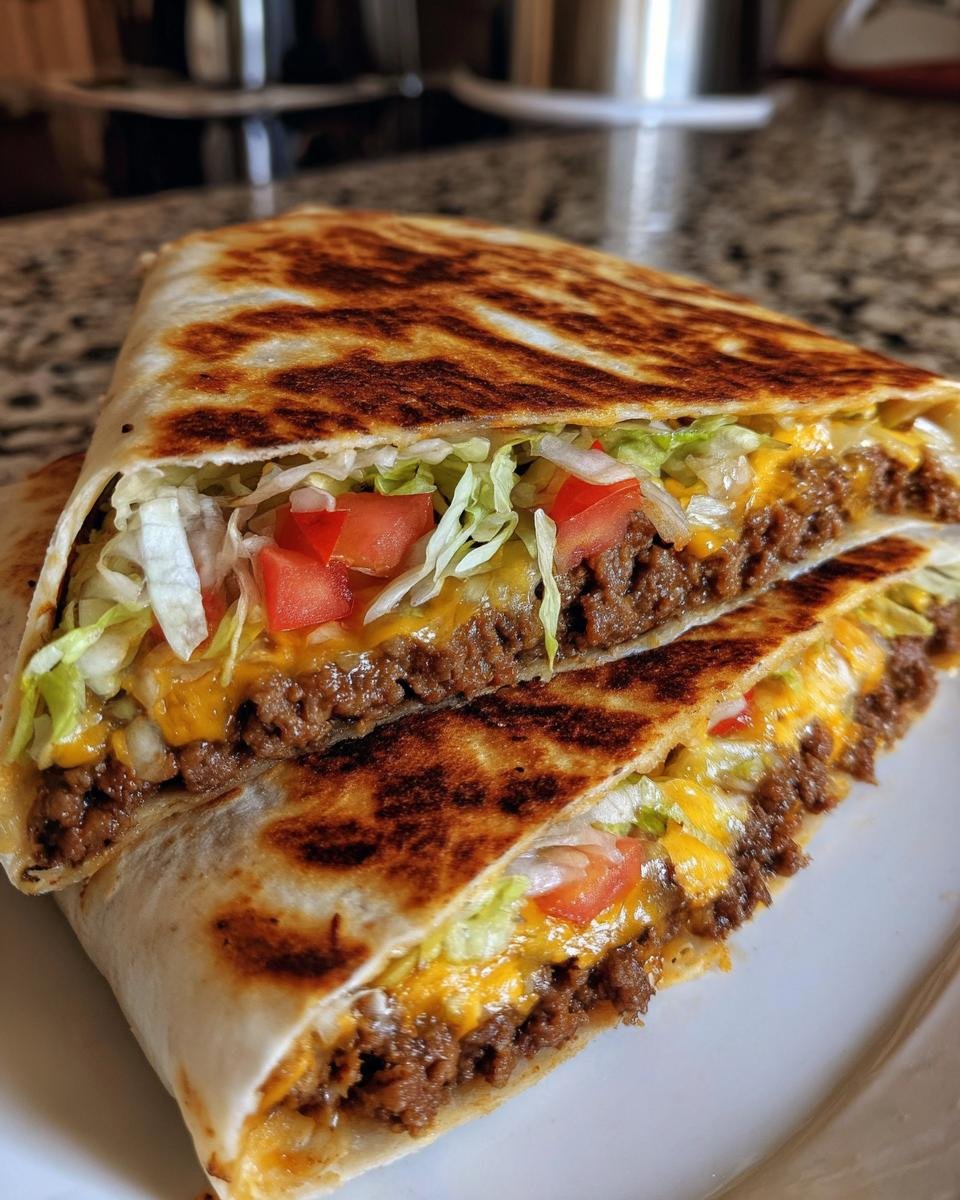 Close-up of a Crunchwrap Supreme cut in half, showing seasoned ground beef, melted cheese, lettuce, and tomatoes.