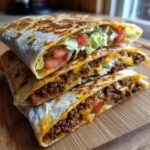 Three stacked halves of a golden-brown Crunchwrap Supreme showing seasoned ground beef, melted cheese, lettuce, and tomato.
