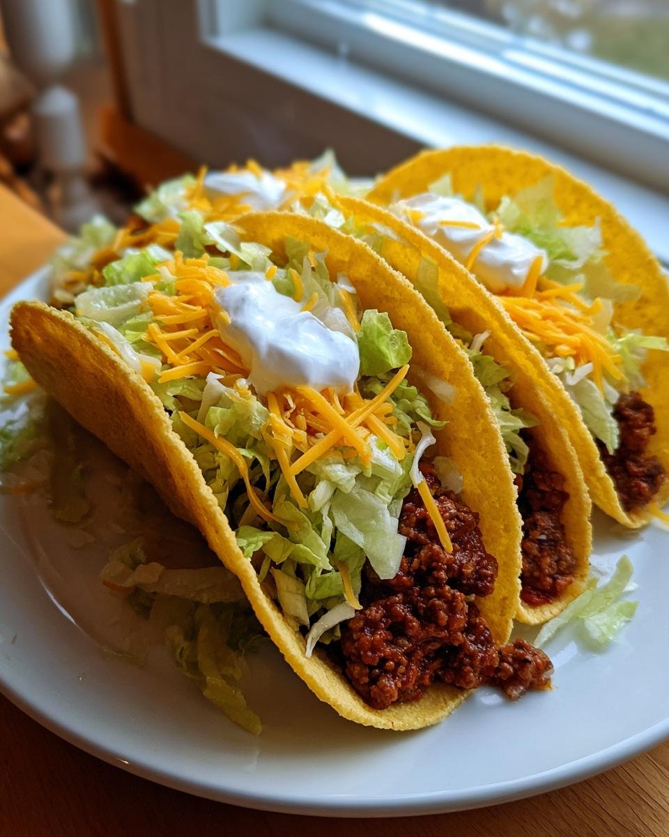Three crunchy shell tacos filled with seasoned ground turkey, shredded lettuce, cheese, and sour cream. Perfect for Ground Turkey Tacos.