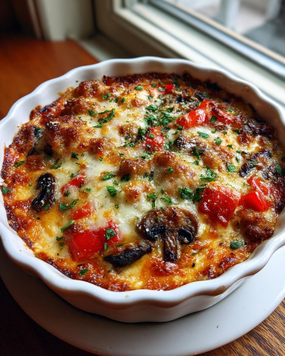 A freshly baked Crustless Pizza Bowl in a white ramekin, topped with melted cheese, mushrooms, and red peppers.