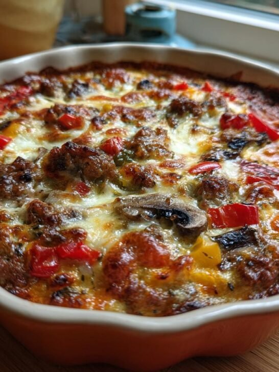A freshly baked Crustless Pizza Bowl in a ceramic dish, topped with browned sausage, melted cheese, and colorful peppers.