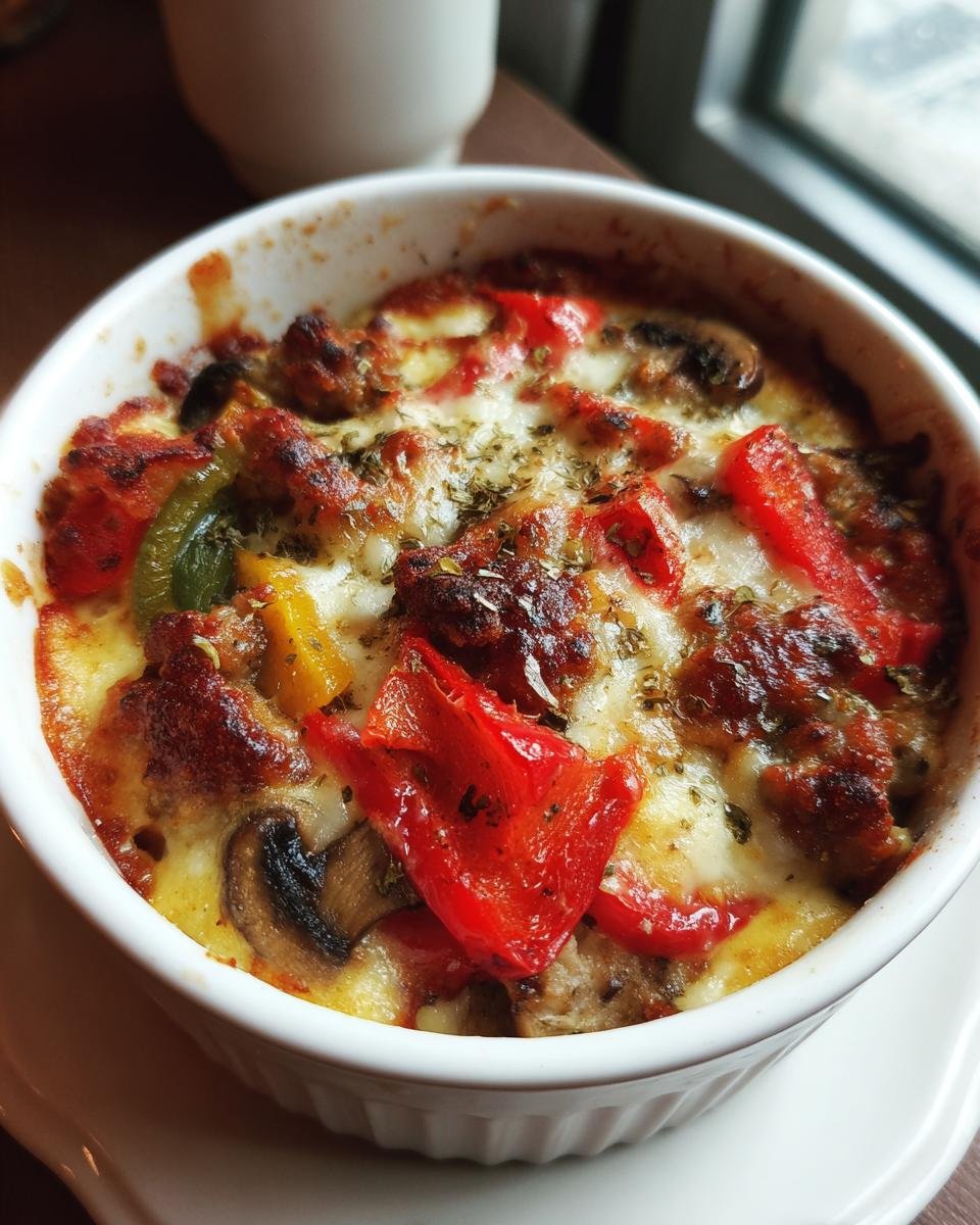 Close-up of a hot Crustless Pizza Bowl baked in a white ramekin, topped with melted cheese, red peppers, and herbs.
