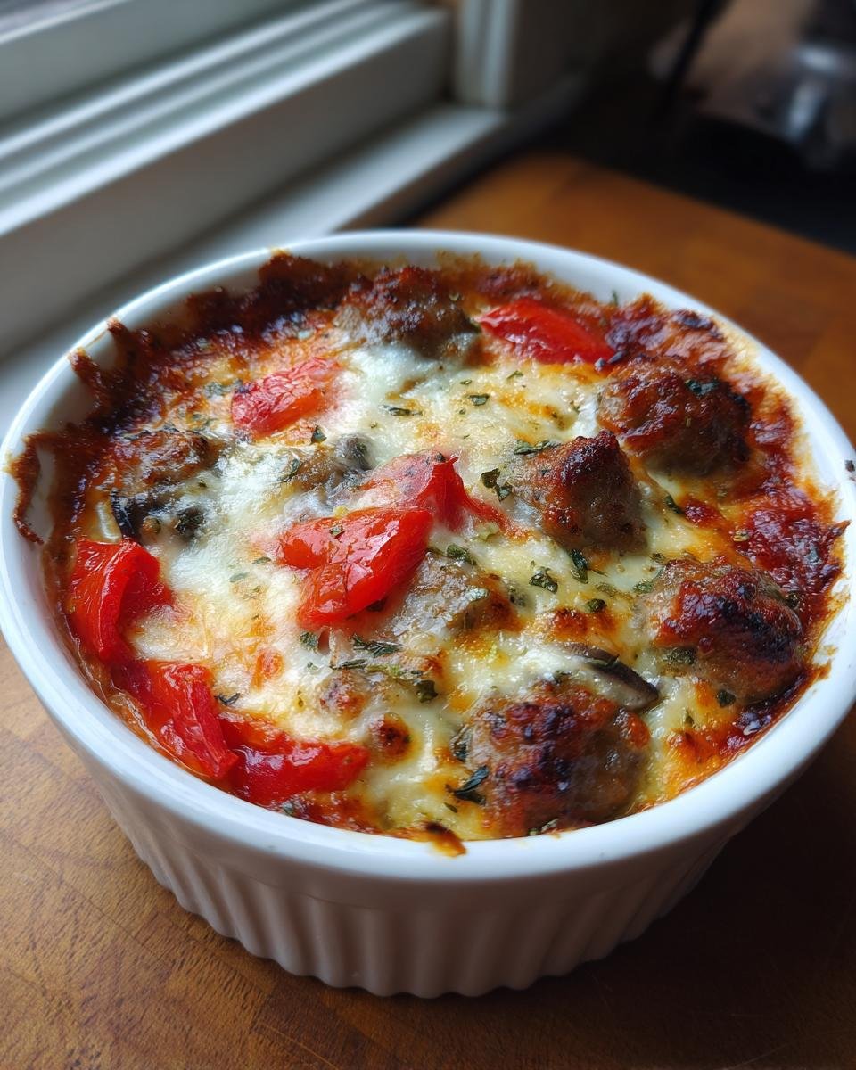 Close-up of a hot Crustless Pizza Bowl topped with melted cheese, sausage, and red peppers.