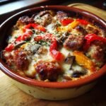 Close-up of a baked Crustless Pizza Bowl in a terracotta dish, topped with melted cheese, sausage, and bell peppers.
