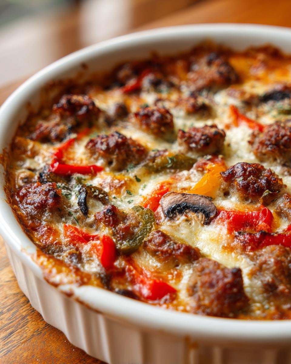 Close-up of a baked Crustless Pizza Bowl topped with browned sausage crumbles, melted cheese, red and green peppers, and mushrooms.