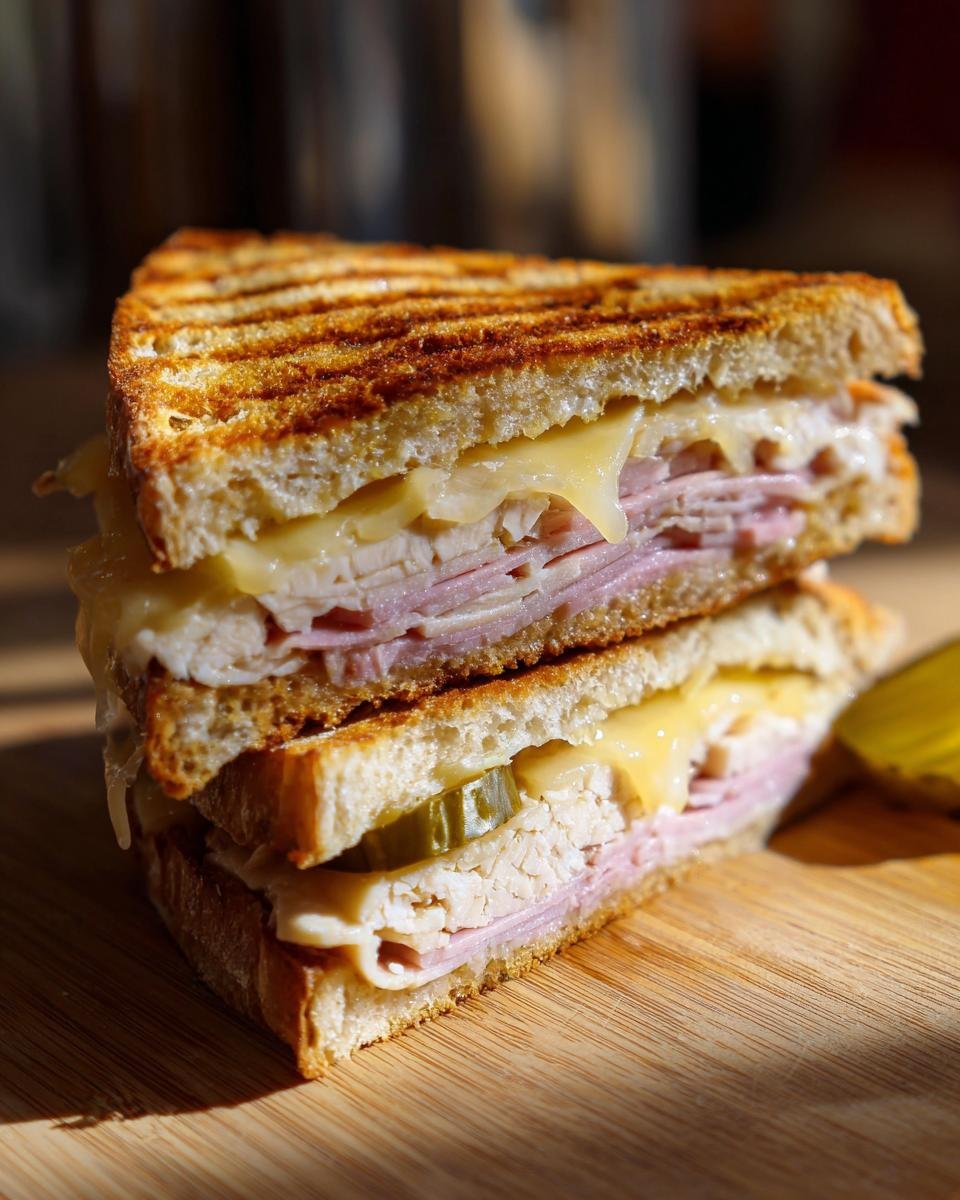 Close-up of a perfectly grilled Cuban Turkey Sandwich Recipe, cut in half, showing melted cheese, turkey, ham, and pickles.