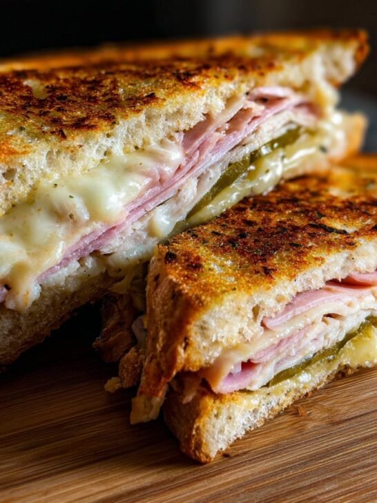 Close-up of a perfectly pressed Cuban Turkey Sandwich cut in half, showing layers of melted cheese, turkey, ham, and pickles.