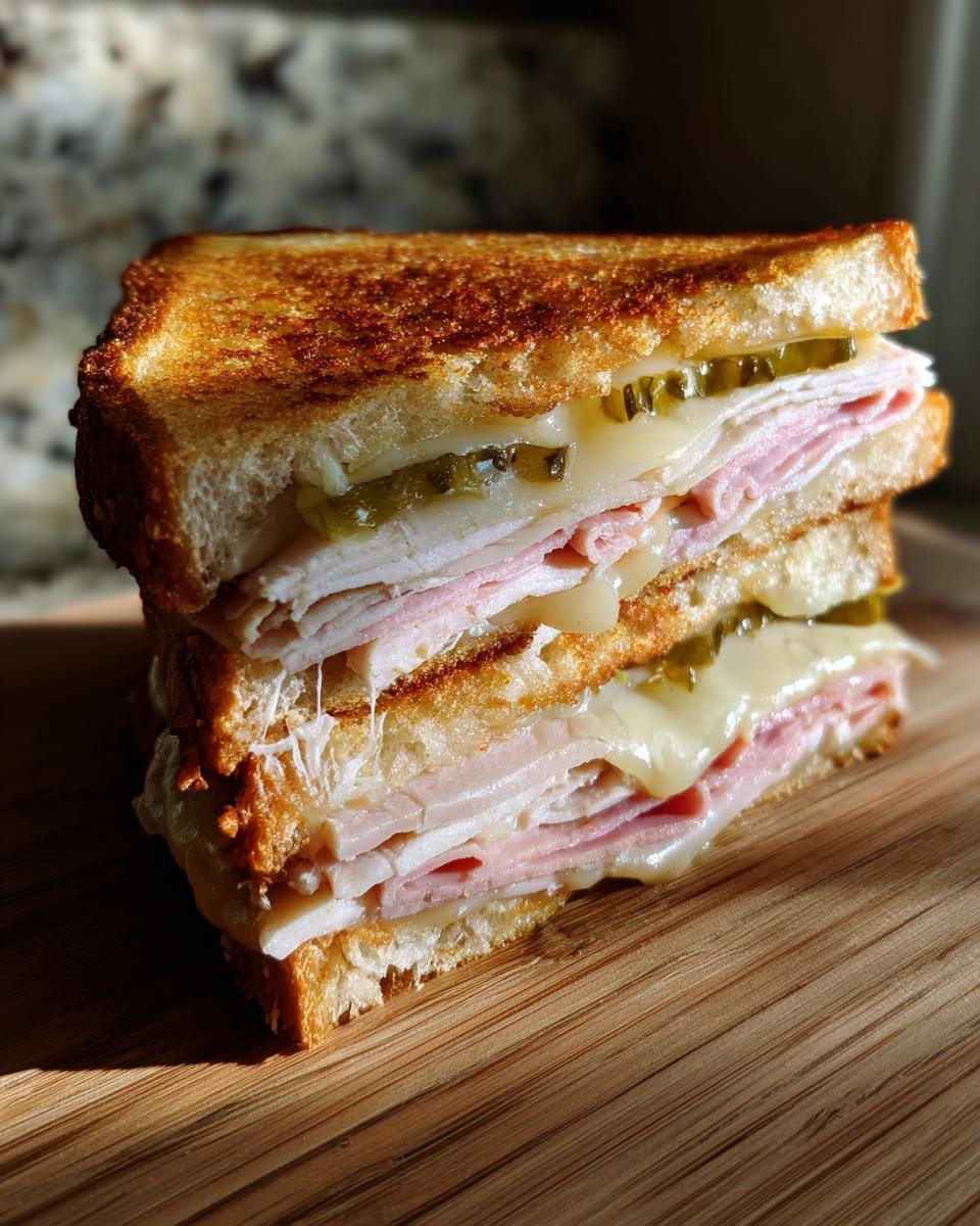 Close-up of a delicious Cuban Turkey Sandwich Recipe stacked high with melted cheese, ham, turkey, and pickles.