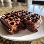 Close-up of a rich, dark Decadent Double Chocolate Brownie Waffles broken open to show melted chips.