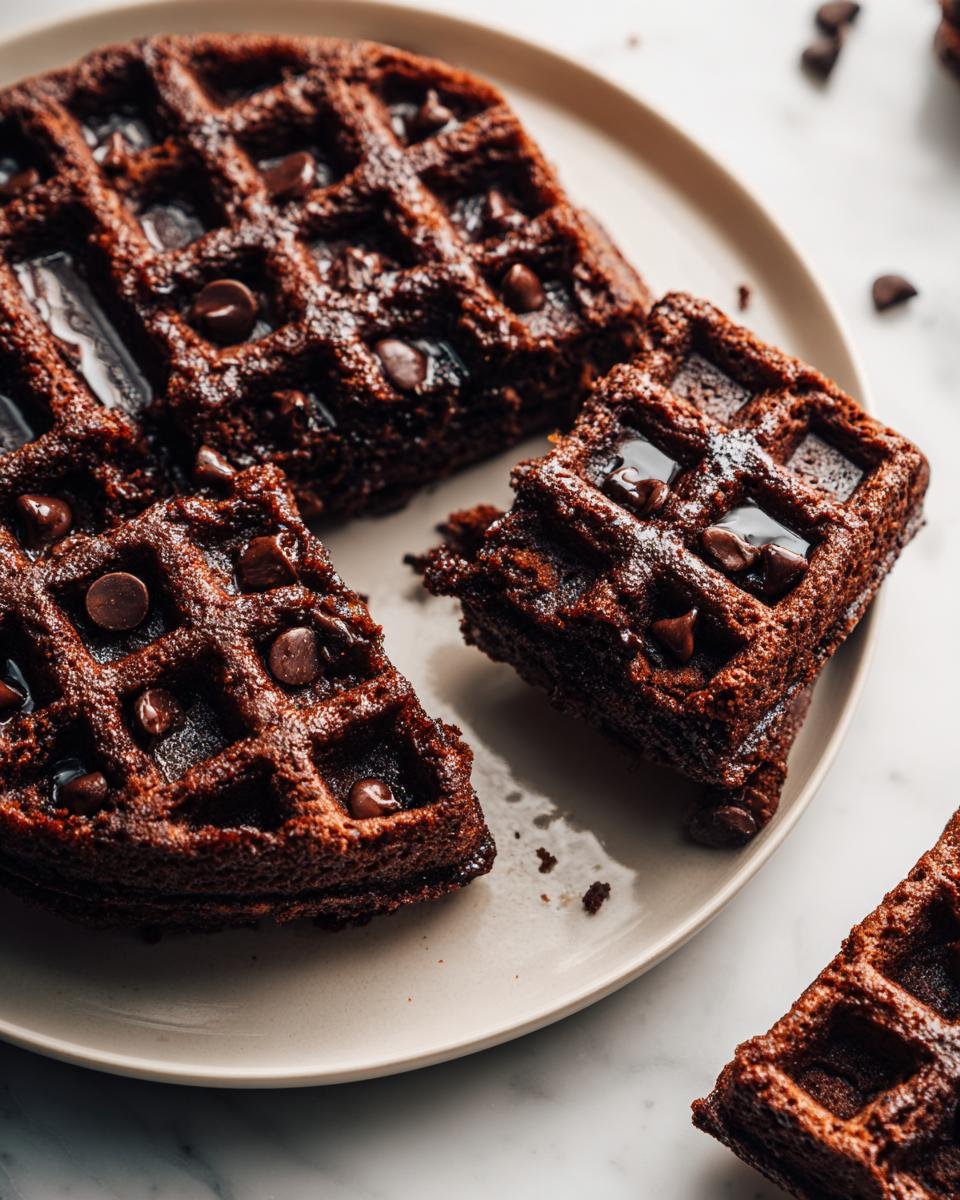 Close-up of rich, dark Decadent Double Chocolate Brownie Waffles topped with melted chips on a light plate.
