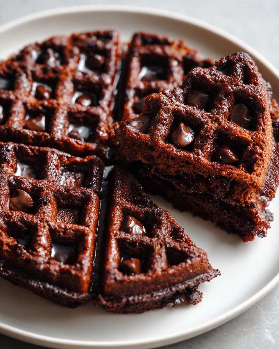 Close-up of rich, dark Decadent Double Chocolate Brownie Waffles studded with melted chocolate chips on a white plate.