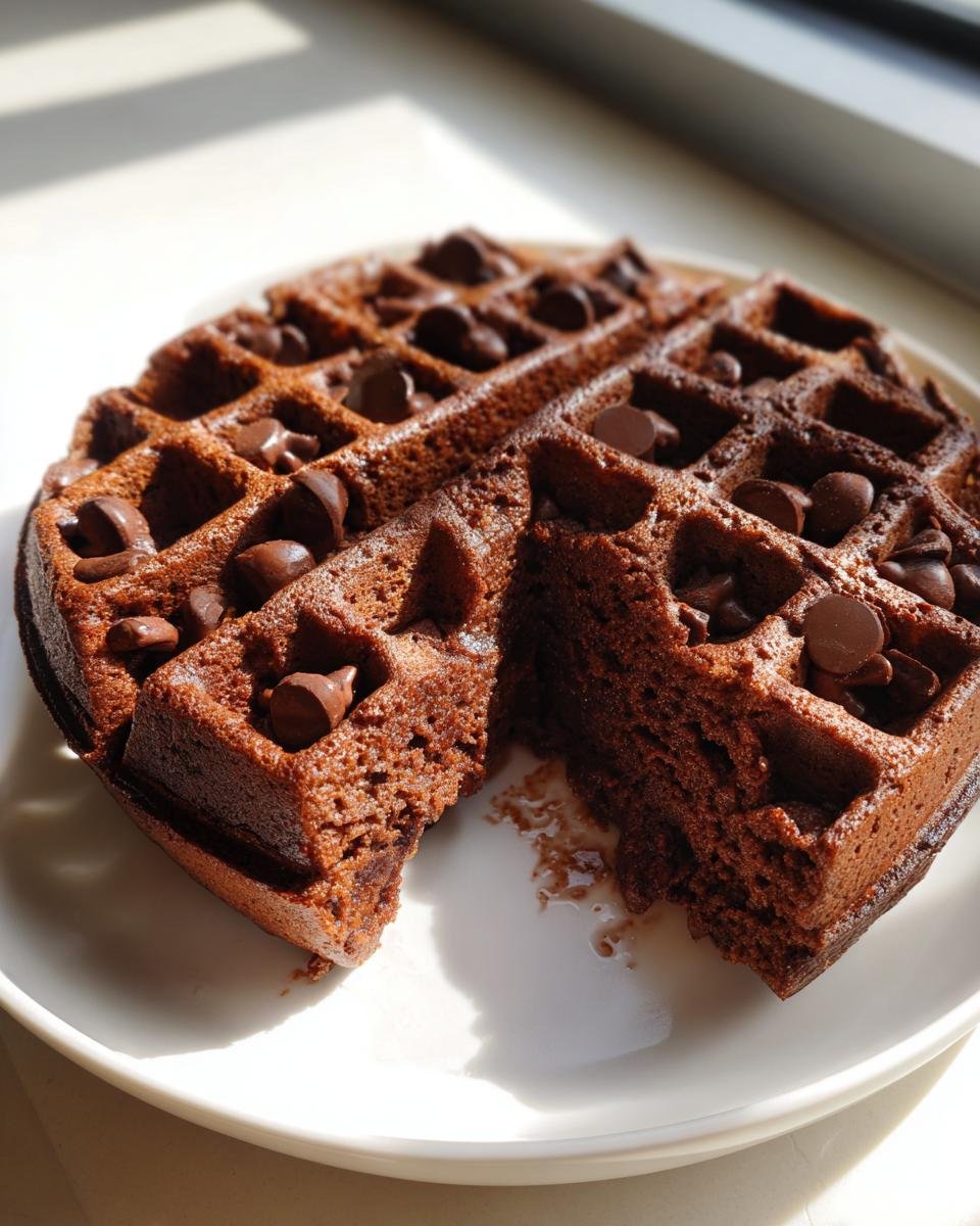 A rich, dark chocolate brownie waffle topped with melted chocolate chips, cut open to show the fudgy interior.
