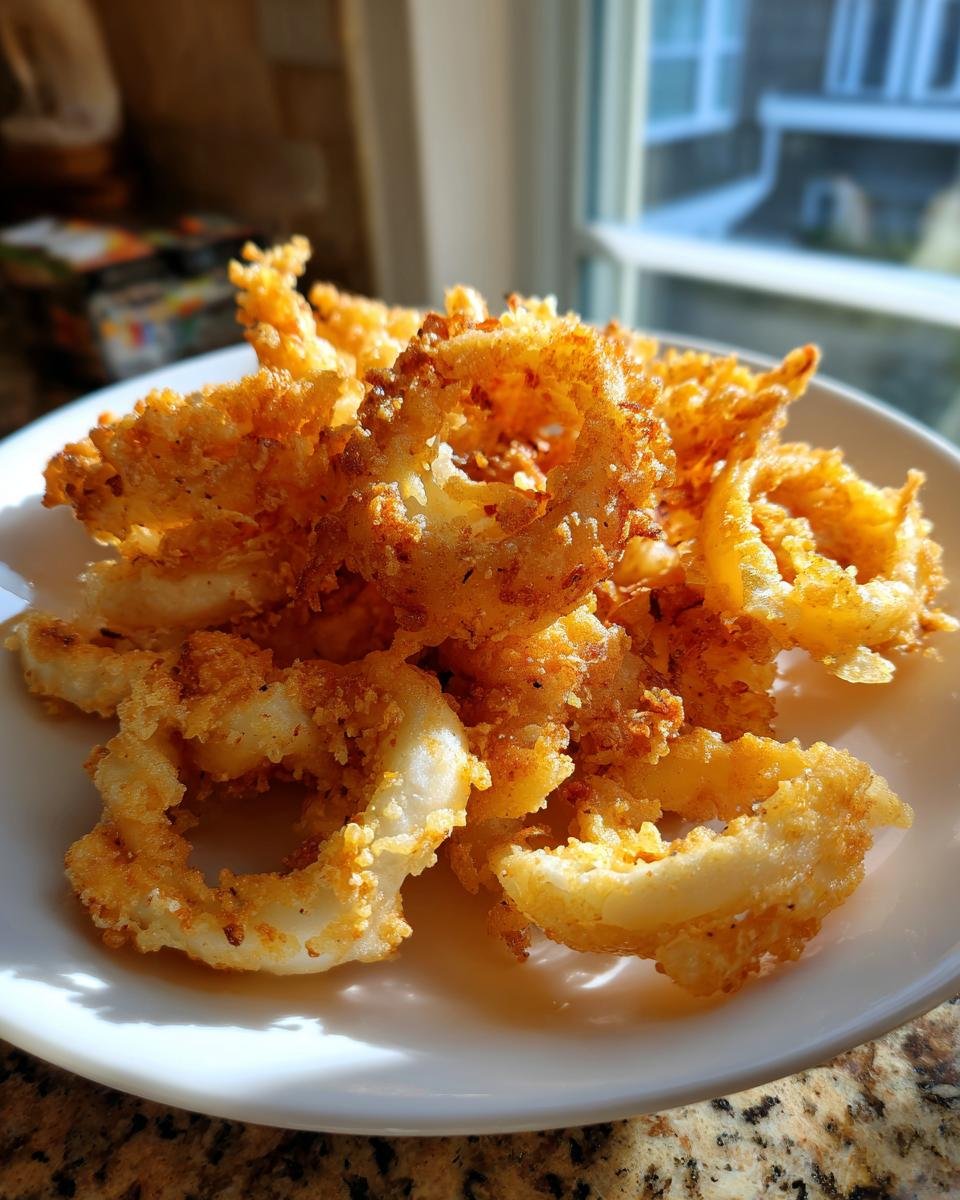A close-up of golden, crispy rings of Deep Fried Calamari piled high on a white plate, catching bright sunlight.