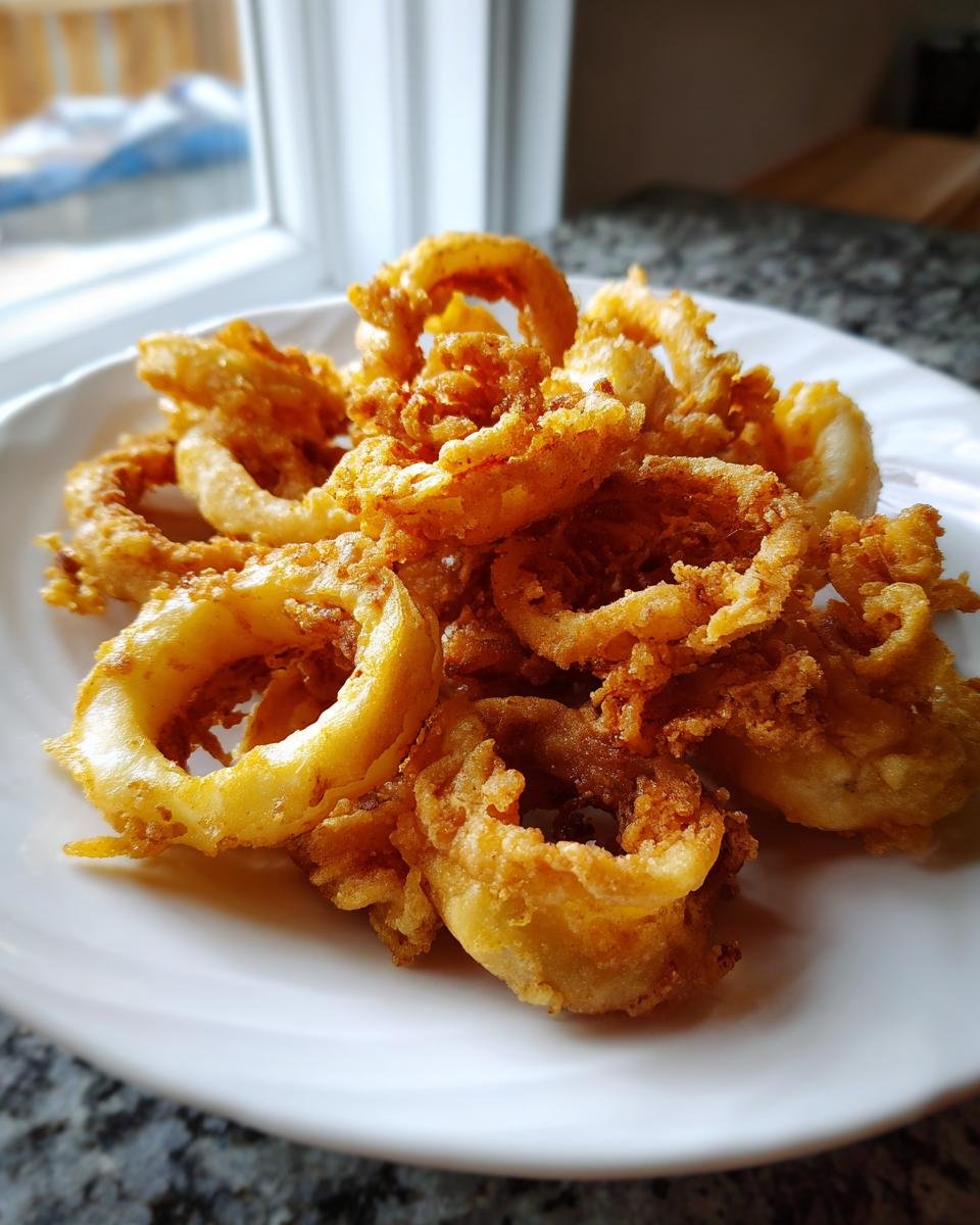 A close-up of golden brown, crispy Deep Fried Calamari rings piled high on a white plate.