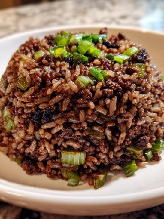 A mound of rich, dark Dirty Rice With Ground Beef topped with fresh green onions on a white plate.