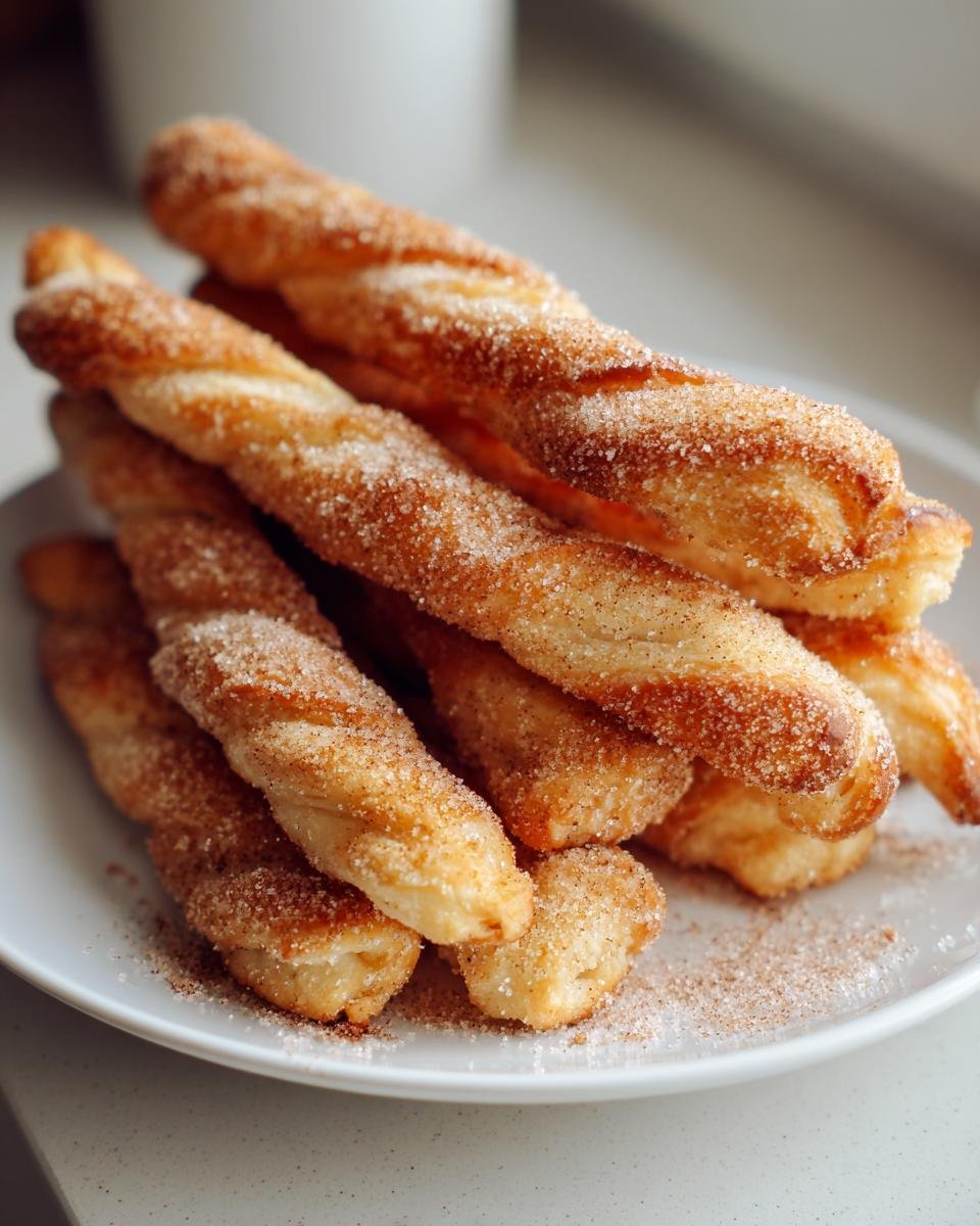 A stack of golden brown Easy Homemade Cinnamon Twists generously coated in cinnamon sugar on a white plate.