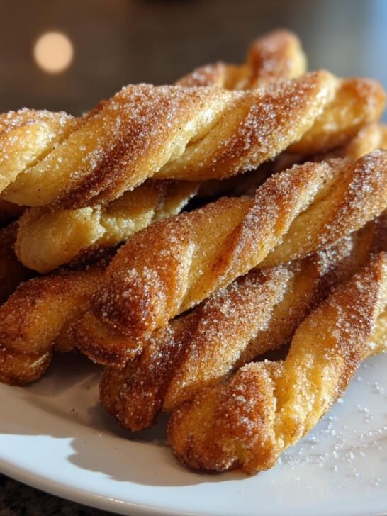 A close-up of several golden-brown Easy Homemade Cinnamon Twists generously coated in cinnamon sugar, stacked on a white plate.