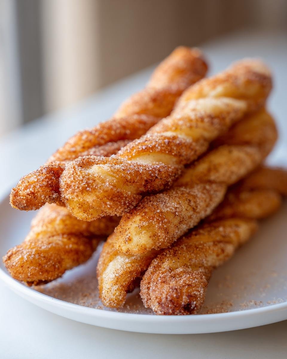 A stack of golden brown Easy Homemade Cinnamon Twists generously coated in cinnamon sugar on a white plate.