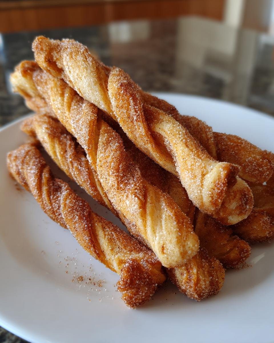 A close-up stack of golden, twisted pastries heavily coated in cinnamon sugar, representing Easy Homemade Cinnamon Twists.