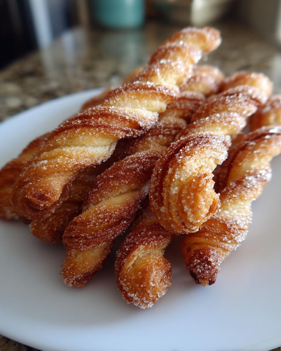 A close-up of several golden brown Easy Homemade Cinnamon Twists coated generously in sparkling sugar.
