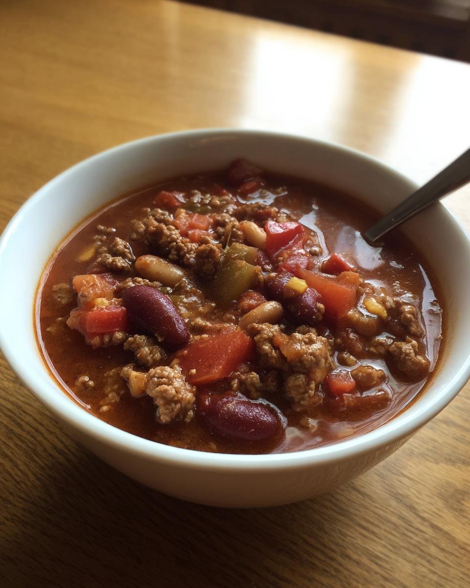 Close-up of a white bowl filled with Easy Taco Soup, showing ground beef, kidney beans, tomatoes, and broth.