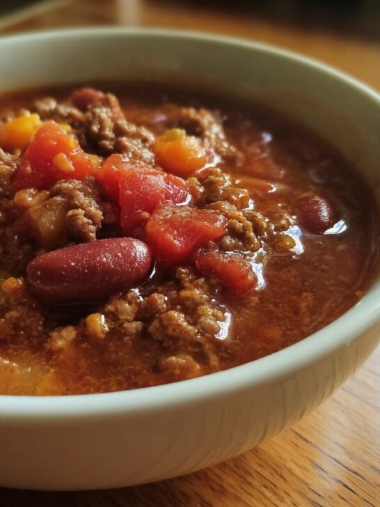 Close-up of a white bowl filled with Easy Taco Soup, showing ground beef, kidney beans, and diced tomatoes.