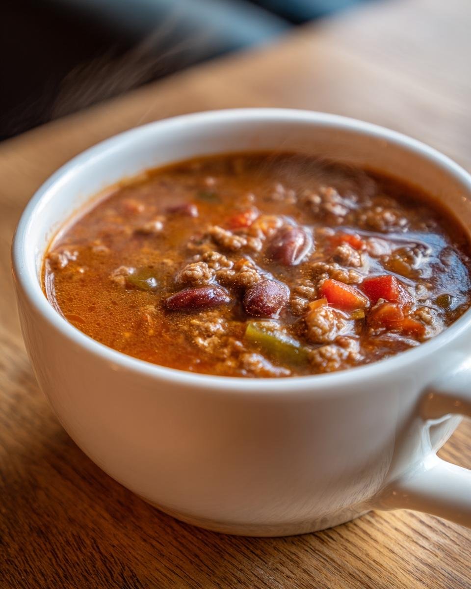 Close-up of a steaming white mug filled with hearty Easy Taco Soup containing ground meat, kidney beans, and diced peppers.