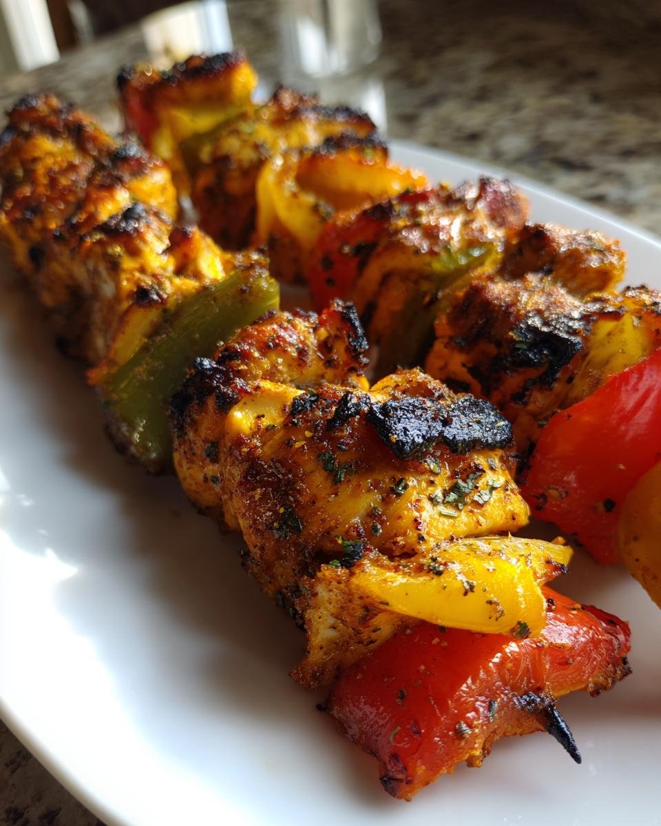Close-up of grilled Fajita Chicken Kabobs featuring charred chicken pieces and colorful bell peppers on skewers.