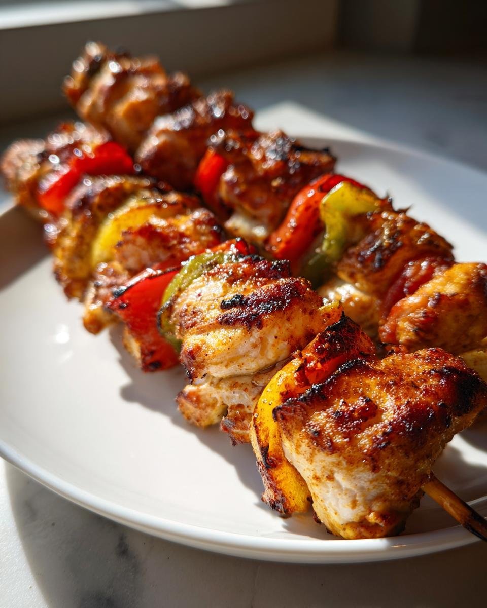 Close-up of two grilled Fajita Chicken Kabobs featuring charred chicken pieces and colorful bell peppers on a white plate.