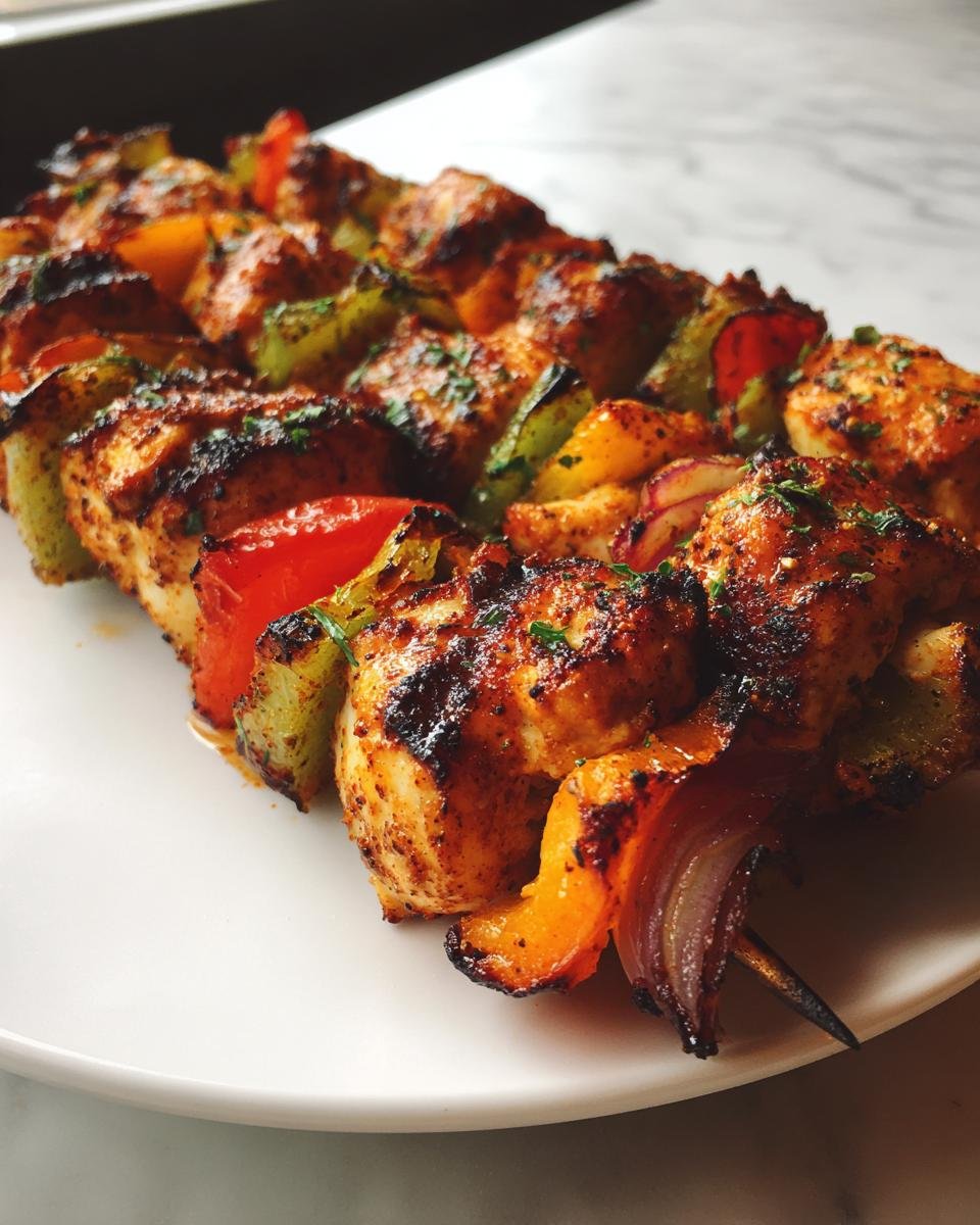 Close-up of perfectly grilled Fajita Chicken Kabobs featuring seasoned chicken, red peppers, green peppers, and onions on skewers.