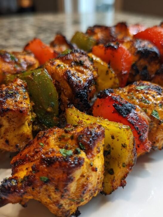 Close-up of perfectly grilled Fajita Chicken Kabobs featuring charred chicken pieces and colorful bell peppers on skewers.