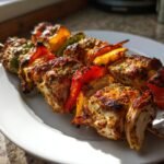 Two skewers of grilled Fajita Chicken Kabobs featuring seasoned chicken, red, yellow, and green bell peppers, and onions on a white plate.