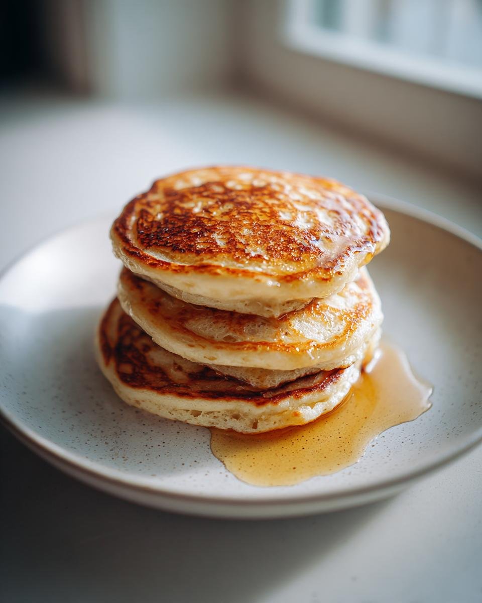 A stack of three golden-brown Banana Pancakes drizzled with syrup, sitting on a speckled white plate.