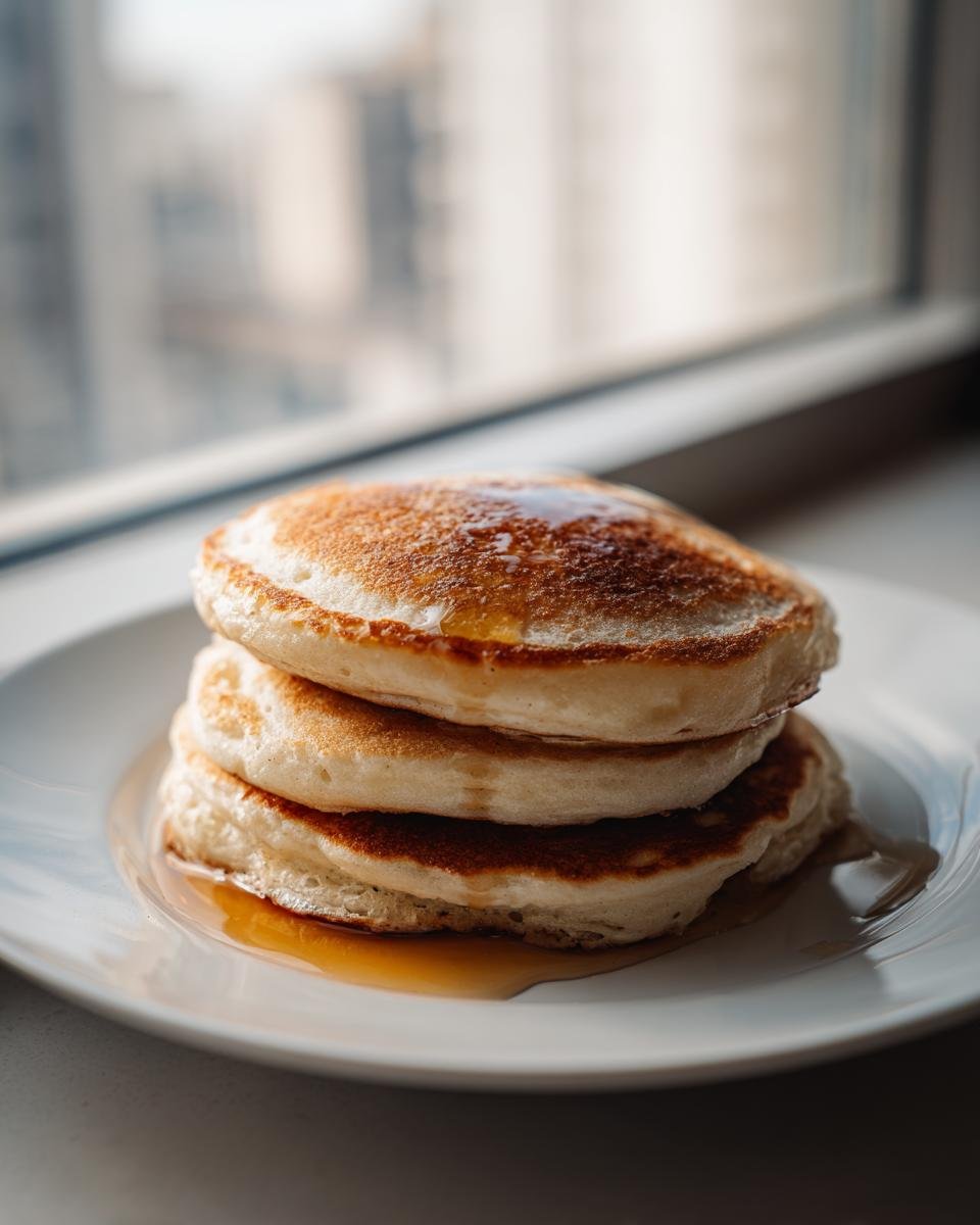 A stack of three fluffy Banana Pancakes drizzled with syrup, set against a bright window background.