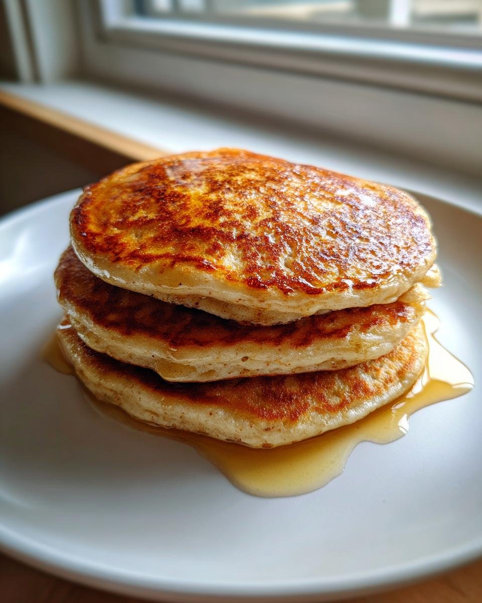 A stack of three perfectly golden brown Banana Pancakes drizzled with maple syrup on a white plate.