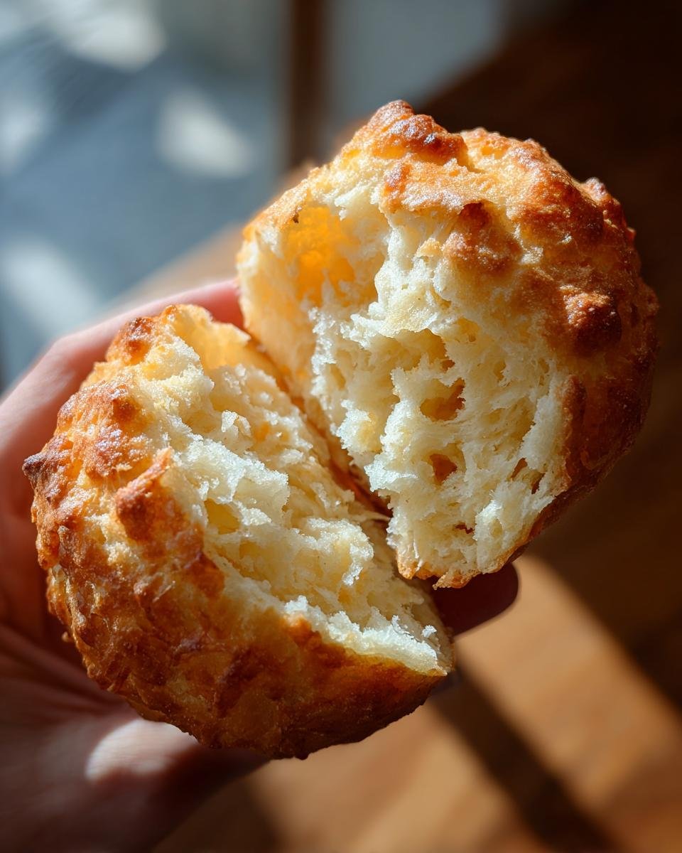 Close-up of a golden-brown English muffin split in half, showing its light, airy, and holey texture.