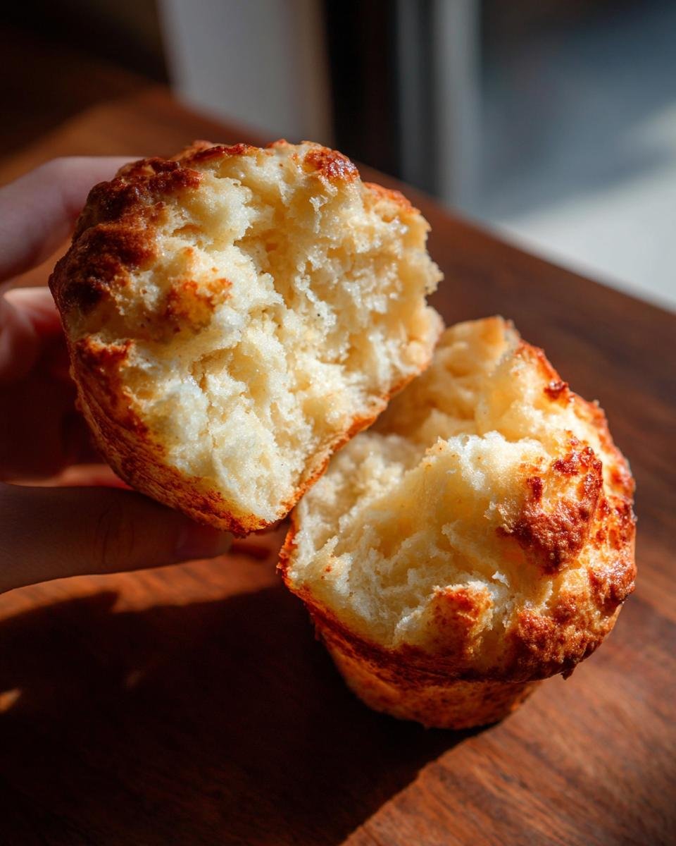 A person tearing open a golden-brown English Muffin to show the fluffy, airy interior texture.