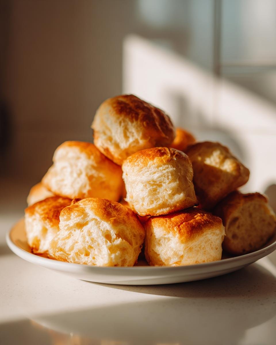 A stack of golden brown, fluffy Pancake Bites piled high on a white plate in bright sunlight.