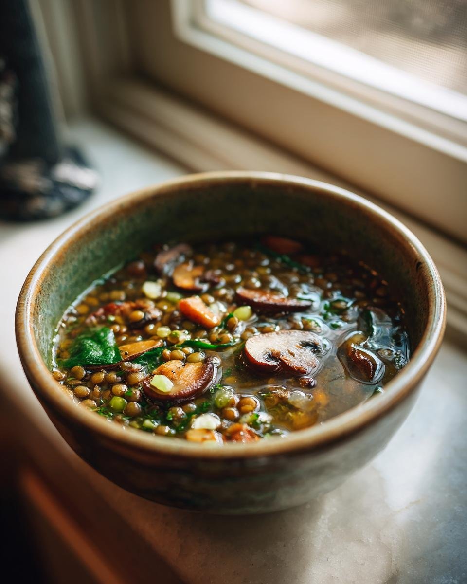Close-up of a rustic bowl filled with rich French Lentil And Mushroom Soup, featuring sliced mushrooms and green herbs.