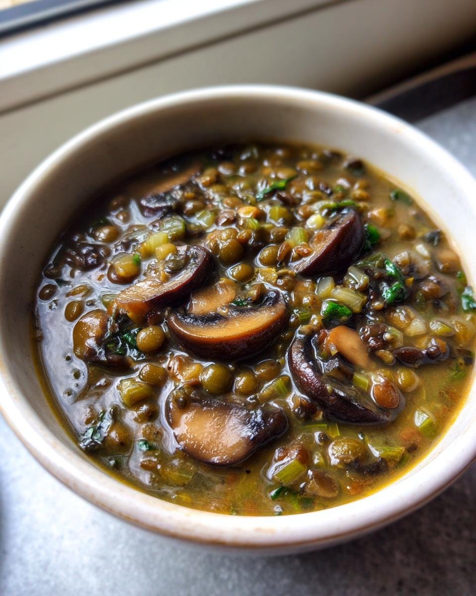 A close-up of hearty French Lentil And Mushroom Soup topped with sliced, saut&eacute;ed mushrooms.