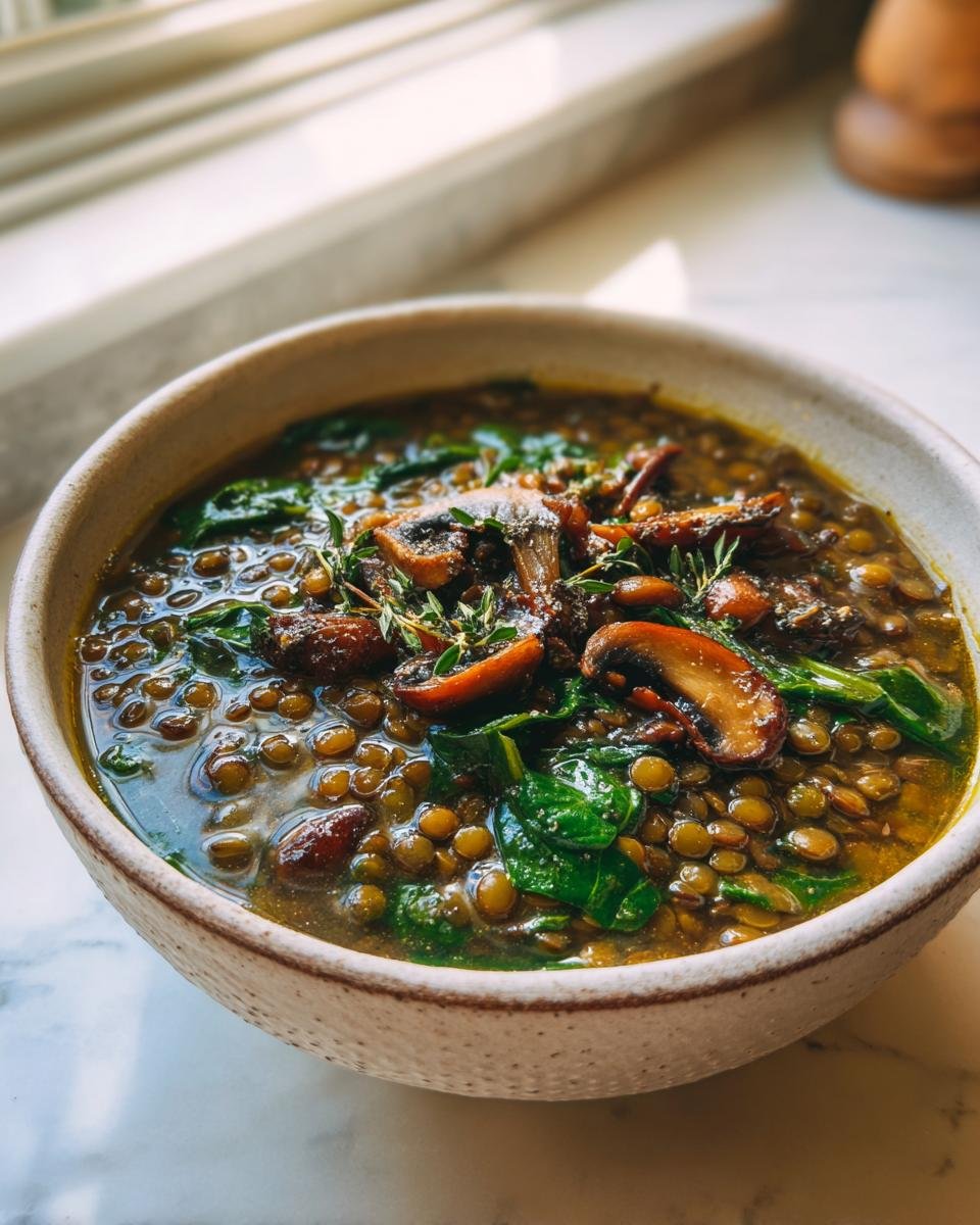 Close-up of a bowl of rich French Lentil And Mushroom Soup topped with saut&eacute;ed mushrooms and fresh thyme.